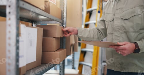 Preview: Box, hands and clipboard in warehouse for logistics, inventory management and stock checklist