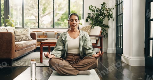 Preview: Yoga, mudra or woman in house with meditation, calm practice or mindfulness in wellness activity