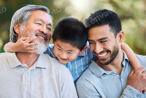 Preview: Grandfather, father or kid in park with love, bonding together or growth in childcare