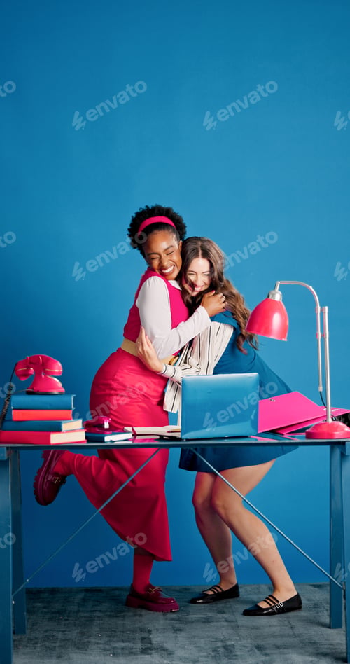 Preview: Smile, hug and business women in office with space for teamwork, bonding or friendship together