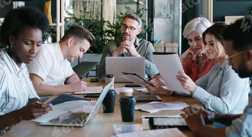 Preview: Business, team and man with laptop in meeting for editorial guidance, notes and brainstorming