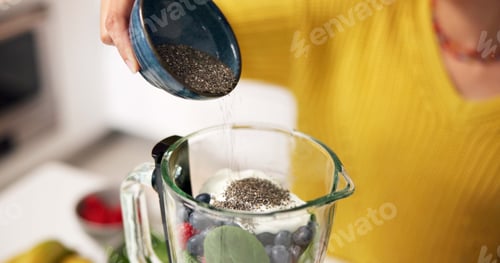 Preview: Blender, chia seeds and hands of woman with smoothie in morning for healthy drink, diet and detox