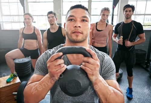 Preview: Fitness, kettlebell and people in gym with instructor for training, wellness and weightlifting