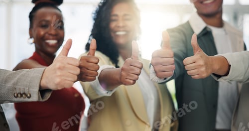 Preview: Thumbs up, collaboration and hands of business people in office for teamwork with approval