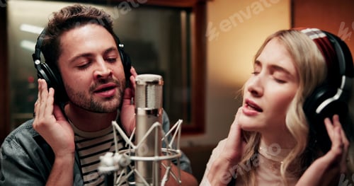 Preview: Sing, microphone and people with headphones in recording studio, vocal capture and song rehearsal