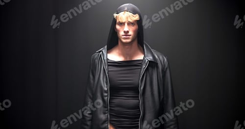 Preview: Catwalk, man and portrait of model at fashion show for clothing brand, collection or label launch