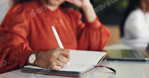 Preview: Woman, hands and writing in office with planner, laptop and reminder for graphic design campaign