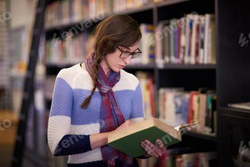 Preview: University, reading and woman with books in library for learning, education