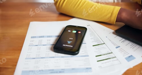 Preview: Documents, phone screen and ringing with person at desk in home office for accounting or finance