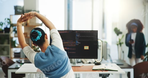 Preview: Back, computer screen and stretching with woman programmer at work for health or wellness