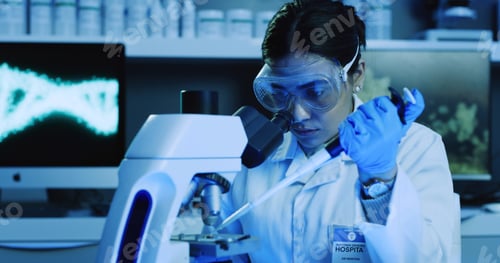 Preview: Woman, scientist and pipette with microscope in lab for research, medical experiment