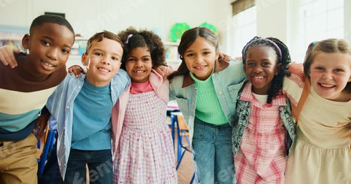 Preview: Education, portrait and kids or friends in classroom together for learning, growth or development