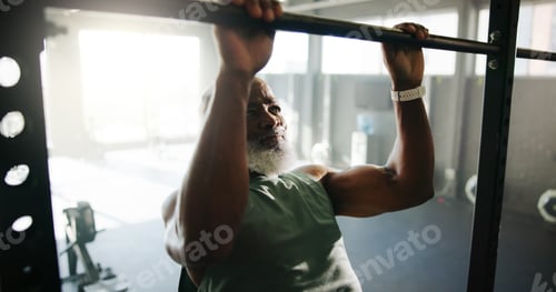 Preview: Fitness, man and pull up exercise at gym for shoulder strength, muscle mass and bodybuilding