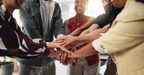 Preview: Stack of hands, partnership and business people in office for teamwork, collaboration or support