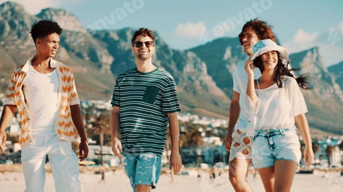 Preview: Friends outdoor, laughing or walking on beach for bonding together, summer holiday