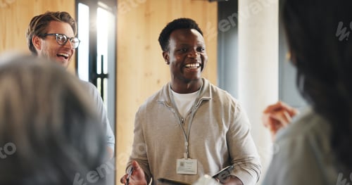 Preview: Discussion, business people or smile with notebook in hallway, information exchange