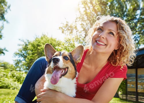 Preview: Woman, smile and hug in park with dog, thinking or companion for bonding together on summer holiday