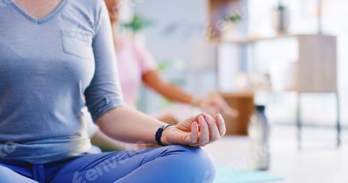 Preview: Yoga class, hands and meditation for calm, mindfulness and exercise for fitness in health club