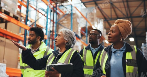 Preview: Supply chain, tablet and people in warehouse, talking and quality control with inventory management
