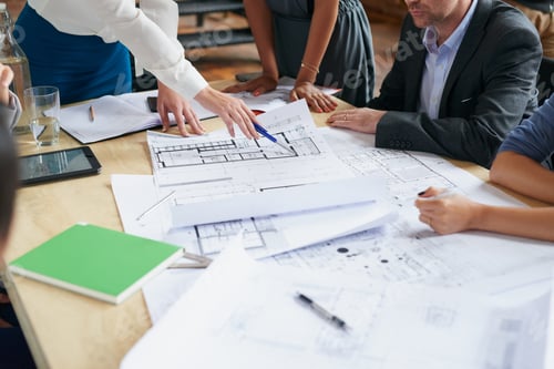 Preview: Team, blueprint or planning with hands in office for development update, review or conversation