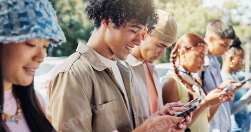 Preview: Man, smile and students in college with phone, text message notification or social media on break