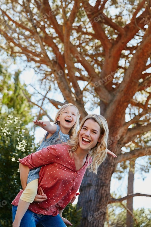 Preview: Piggyback, playing and smile with mother and daughter outdoor for bonding, connection and support