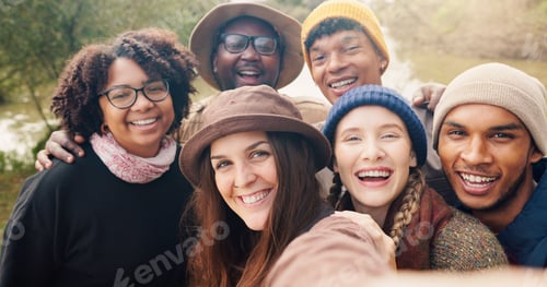 Preview: Travel, happy and selfie with friends in nature for adventure, social media post