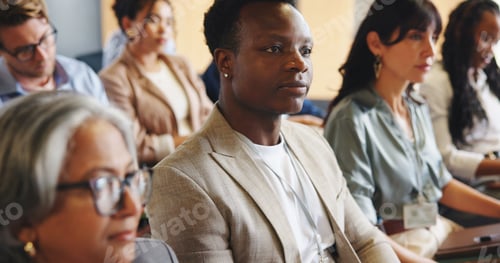 Preview: Businessman, audience and listening at conference with workshop, expo or presentation for career