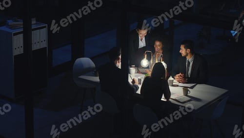 Preview: Business people, tablet and team at night for office meeting with smile