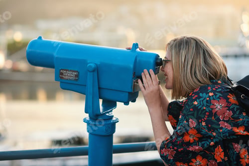 Preview: Happy woman, tourist and telescope with view for sightseeing, travel or outdoor scenery