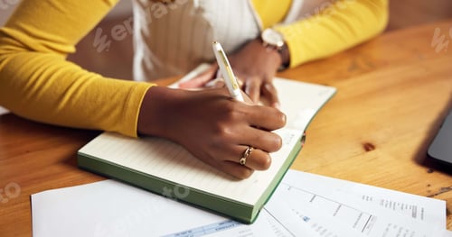 Preview: Top view, balance sheet or hands in house with note, budget or review in home asset management