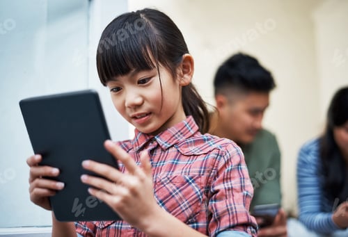 Preview: House, parents and girl with tablet, reading or digital app for social media
