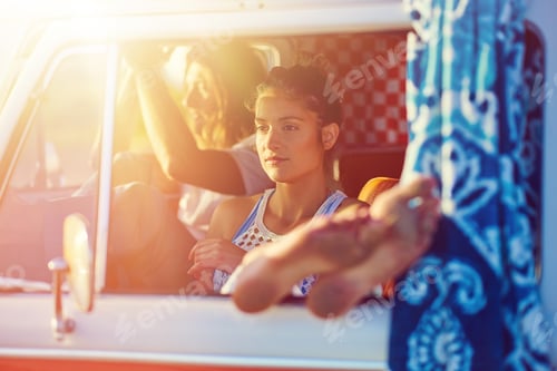 Preview: Calm, sunset and couple in caravan for vacation, getaway or holiday with adventure together