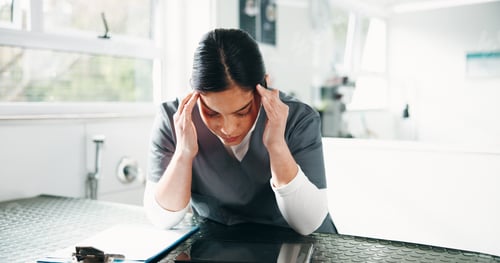 Preview: Veterinarian, headache and woman with pain, burnout and overworked with pressure