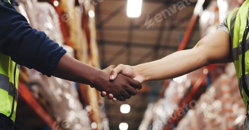 Preview: Handshake, partner and logistics with people in warehouse for shipping team