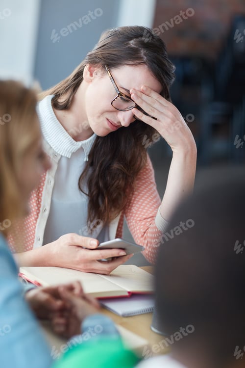 Preview: Stress, woman and student with phone in class for bad news, test results and failed course