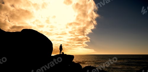 Preview: Sunset, space and silhouette of hiker on cliff thinking for hiking, adventure and travel by ocean