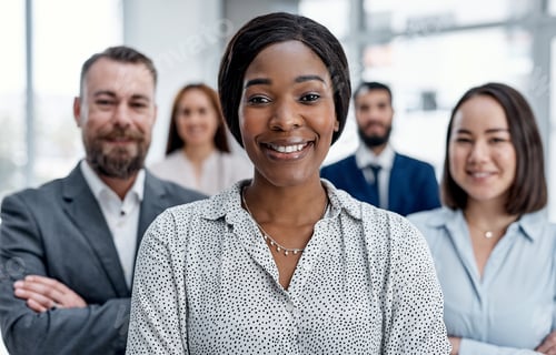 Preview: Woman, smile and portrait with team at office with diversity, support or workforce at insurance