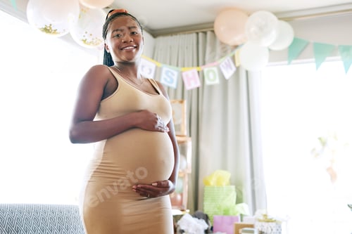 Preview: Baby shower, portrait or black woman in house with belly, expectant mom or party in parenthood