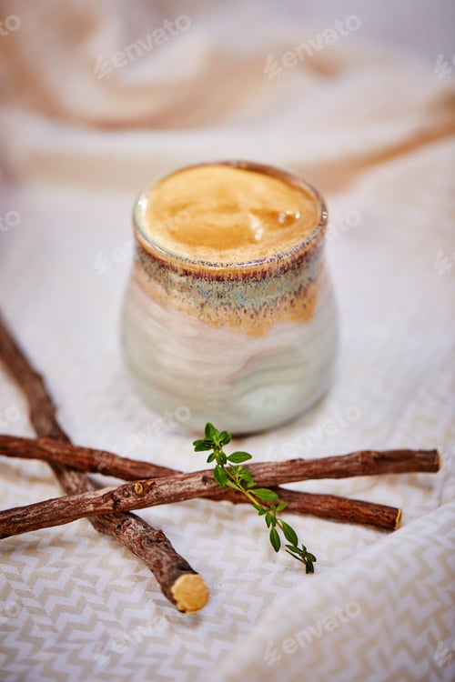 Preview: Liquid, coffee and drink with latte on table for antioxidants, cappuccino and morning boost