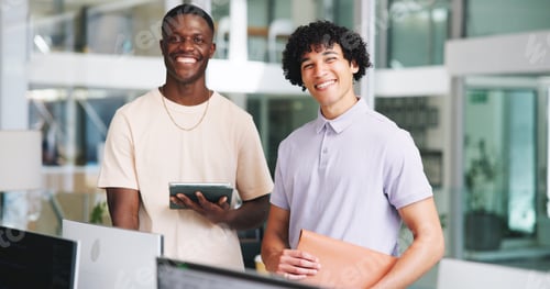 Preview: Portrait, business men and smile in office for accounting, consultant and coworking with tablet