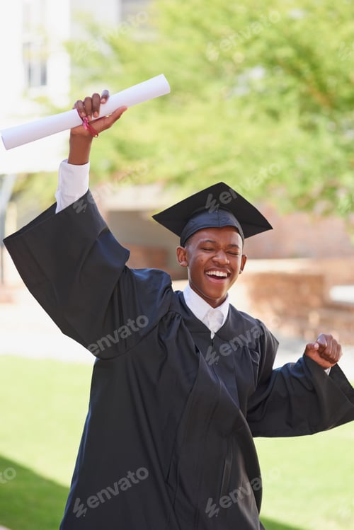 Preview: Happy, black child and student with certificate in graduation ceremony for school scholarship