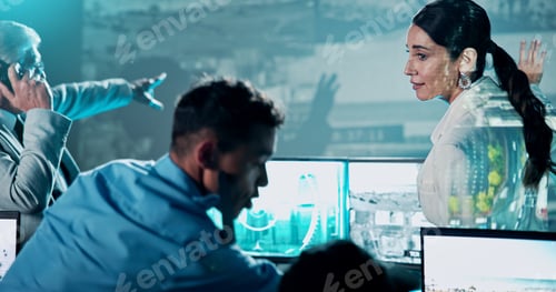 Preview: Security, phone call and team in control room with people for strategy, planning for satellite