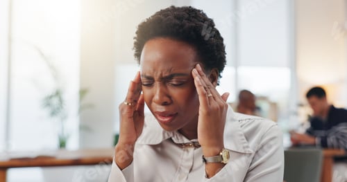 Preview: Frustrated, black woman and headache with stress in office for mistake or project deadline