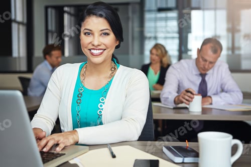 Preview: Portrait, laptop and business woman in office for coworking, career development and hr consultant