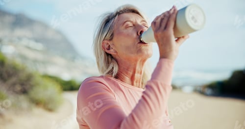 Preview: Fitness, drink water and senior woman with health, wellness and nutrition on break outdoor