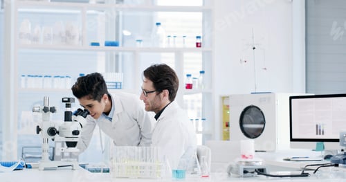 Preview: Microscope, research and team with people in laboratory for results, gene therapy and medical