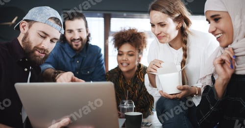 Preview: Happy, business people and laptop with food for creative development, meeting or project in office