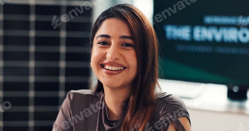 Preview: Happy woman, portrait and environmentalist with business for solar power development in office