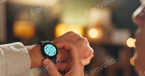 Preview: Hands, man and smart watch in home at night for time, check notification and sleep schedule